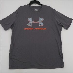 Under Armour Mens 2XL HeatGear T-Shirt Gray Camo Big Logo Short Sleeve Loose Fit